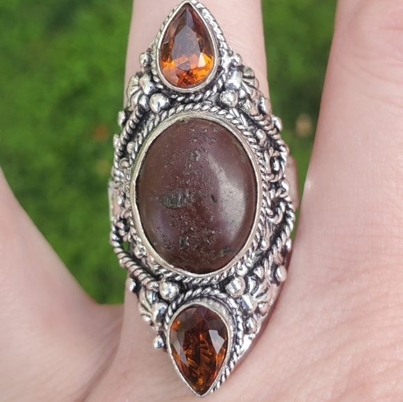 New Bloodstone & Golden Topaz Double Crescent Moon 925 Silver Statement Ring. - Picture 8 of 16